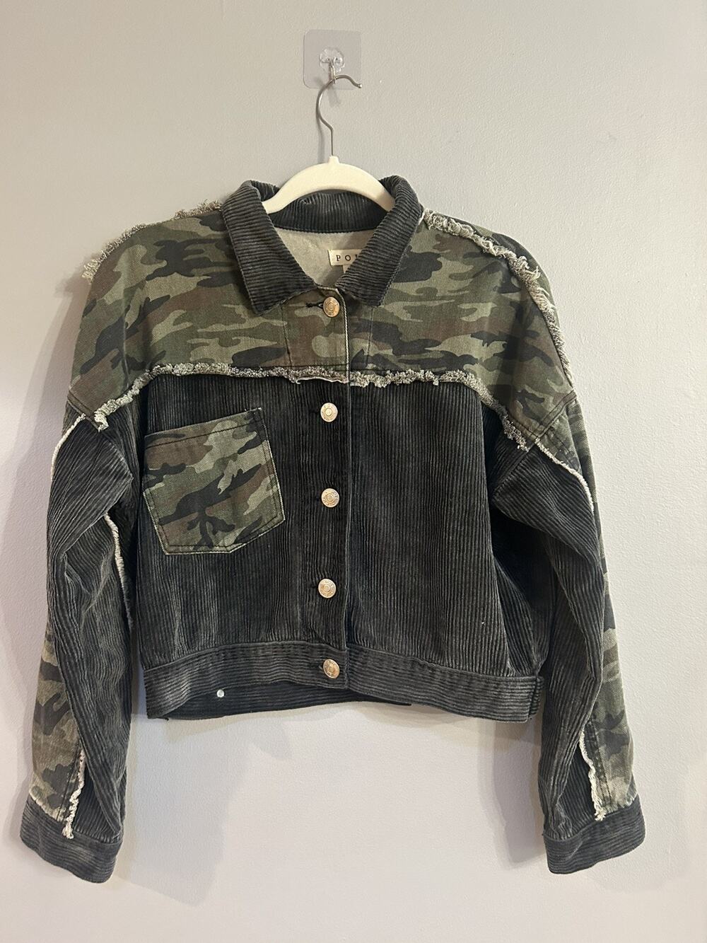 POL Green S Cotton Corduroy Camo Patchwork fringe Cropped Indy bomber jacket